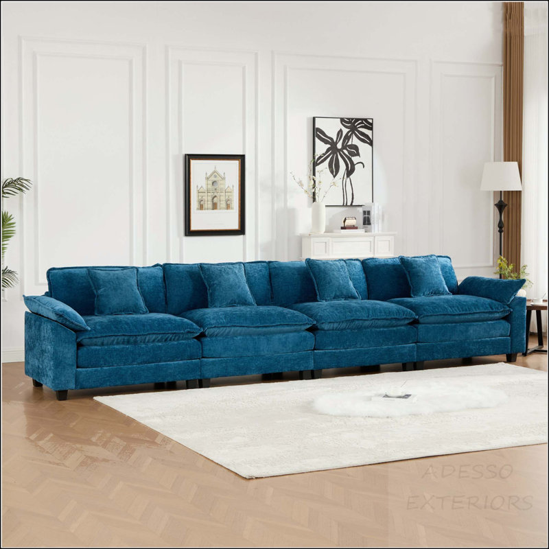Canapé modulaire Cloud avec coussin double couche, 4 sièges, Chenille bleue