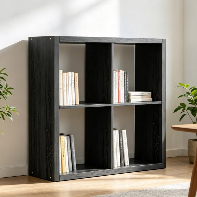 Modern Minimalist 4-Cube Open Shelving Unit, Low-Profile Engineering Timber Bookcases for Bedroom & Living Room, Black
