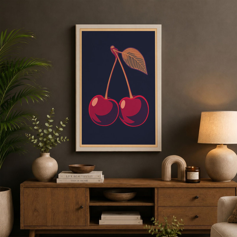 Twin Cherries Botanical - Wrapped Canvas, 18x12 - 45.7 x 30.5 cm, Black Border