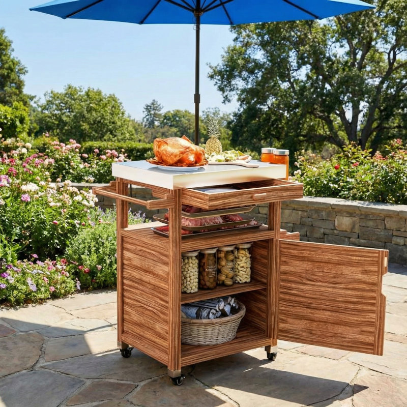 Solid Wood Outdoor Kitchen Island,Outdoor Grill Cart with Stainless Steel Top,Wheels,Drawer,Side Handle