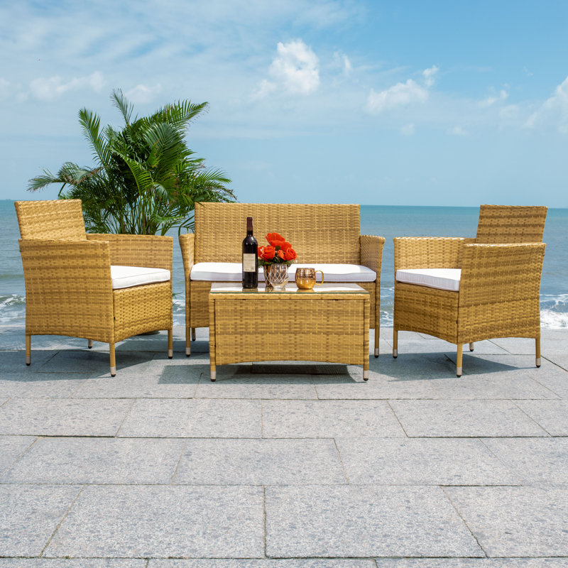 Hokendauqua 4 - Person Patio Conversation Set with Cushions, Natural Frame/White Cushion