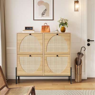 Space-Saving Rattan Shoe Cabinet With 4 Flip-Down Doors – Elegant Narrow Storage For Entryways & Hallways