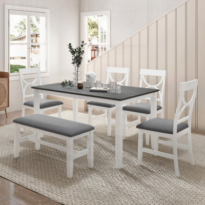 Ensemble de table de salle à manger 6 pièces en bois avec banc rembourré et 4 chaises, style maison de campagne pour des repas familiaux confortables