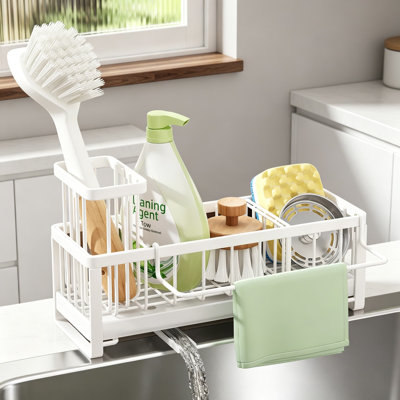 Kitchen Sink Sponge Holder with Brush Holder – Self-Draining Sink Caddy with Removable Towel Bar, Divided Storage Organizer for Countertop, Stainless Steel Kitchen Accessories