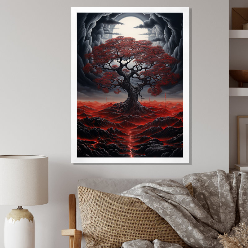 «Occult Red Tree Full Moon Mountain Magic», reproduction sur toile, Cadre simple blanc, H 40 po x l 30 po x P 1,5 po