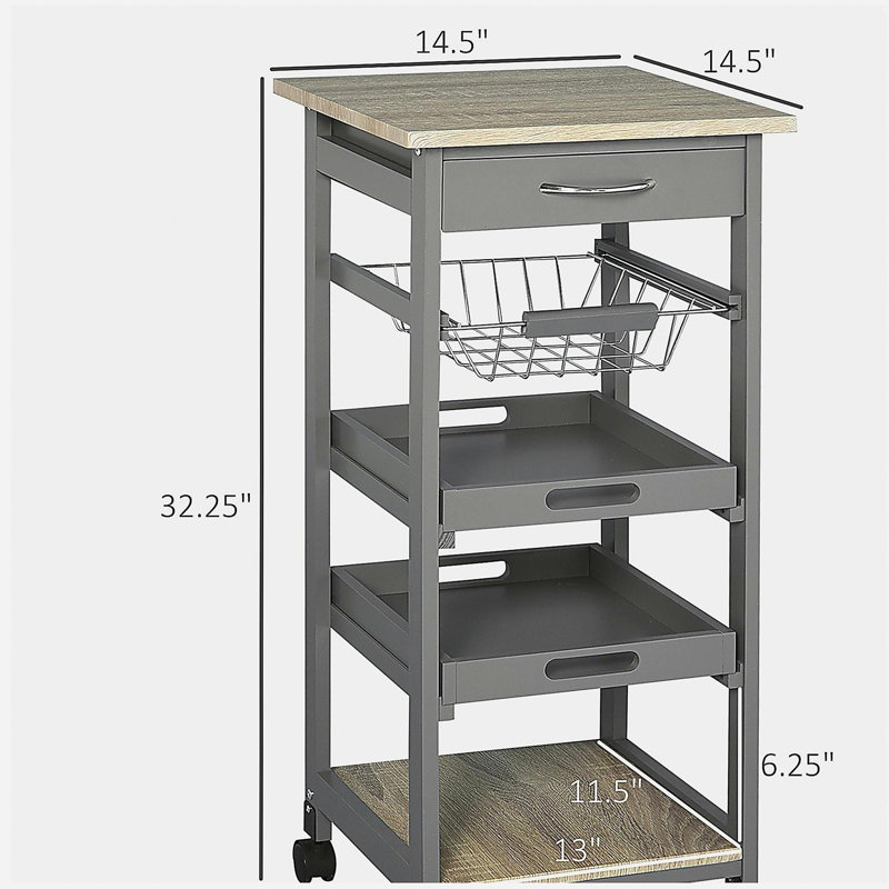 Mobile Rolling Kitchen Island Trolley Serving Cart with Underneath Drawer & Slide-Out Wire Storage Basket, Grey