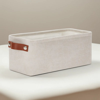 Narrow Storage Basket With Leather Handles, Fabric Bathroom Organizer Bin For Toilet Paper, Magazines, And Bath Essentials