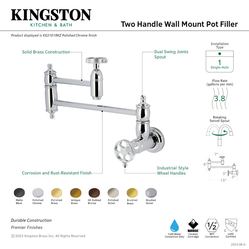 Kingston Brass Wendell Two-Handle 1-Hole Wall Mount Pot Filler Faucet with Knurled Handle, Matte Black