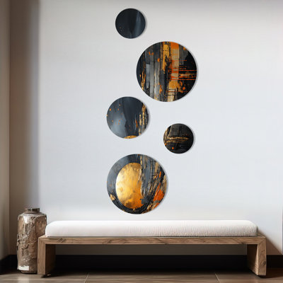 Lune de marbre noire et orange II - ensemble abstrait d'art mural rond de 5