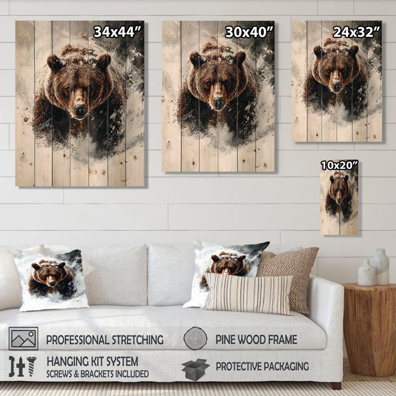 Ours dans la neige hivernale - Impression sur bois d'ours - sur bois de pin naturel, H 44 po x l 34 po x P 0,78 po