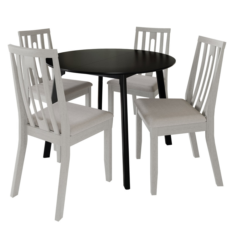 Ensemble de salle à manger 5 pièces avec table ronde noire et chaises à dossier vertical rembourrées blanches, Blanc