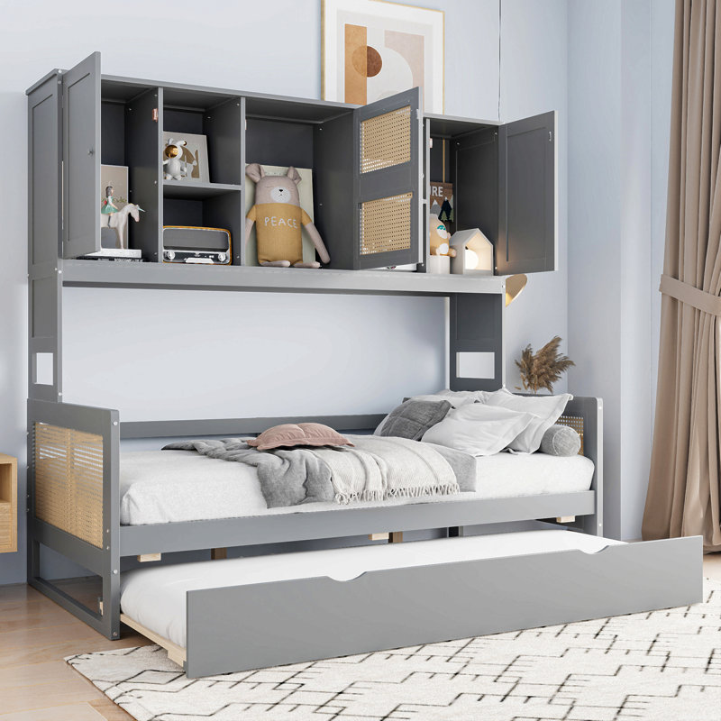 Wooden Daybed With Twin Size Trundle, And  Cabinet And Shelf, Gray, Twin