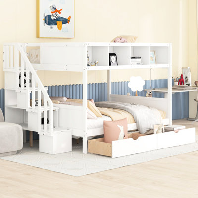 Twin Over Full Bunk Bed With Shelves, Storage Staircase & 2 Drawers - White 2 Staircases