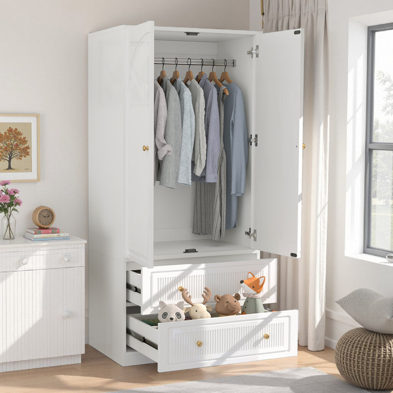 Armoire Wardrobe Closet, Tall Wardrobe Cabinet With 2 Fluted Doors And 2 Storage Drawers, Hanging Rod Closet For Bedroom, White