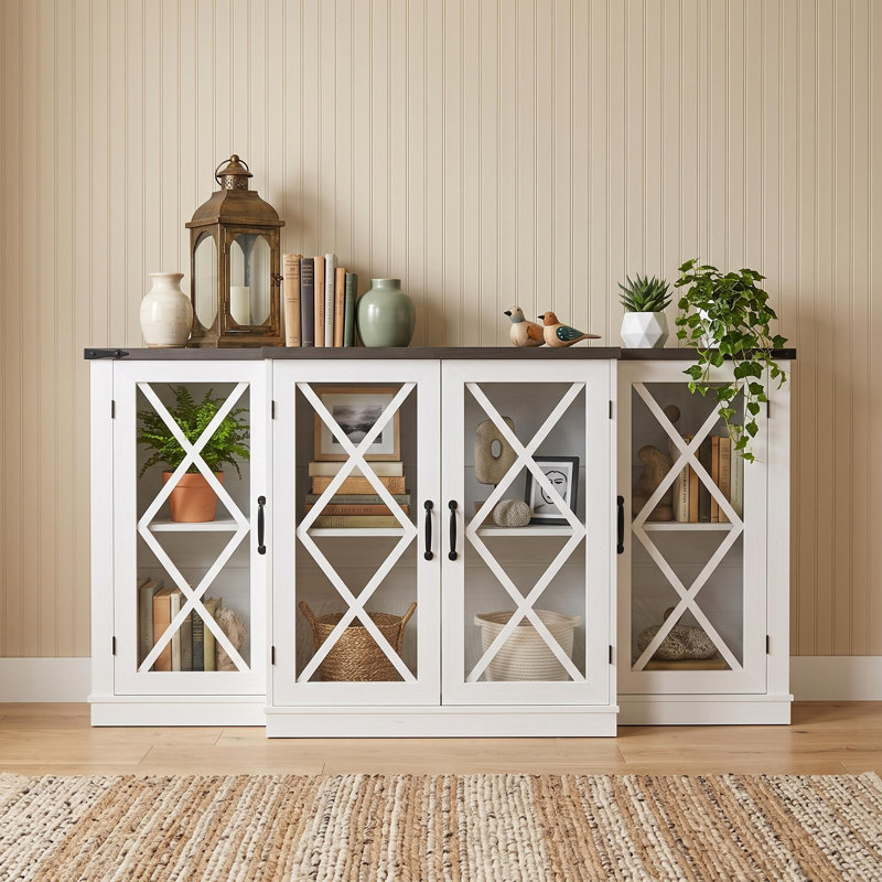 63" Farmhouse TV Stand with Sliding Barn Door and Adjustable Shelves