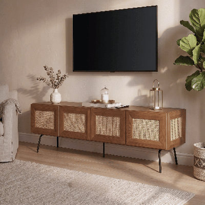  Mossic TV Media Cabinet with 3, 4 Doors for TVs, Entertainment Centre with Natural Rattan, Metal Legs, Modern Storage Console for Living Room and Bedroom, Effortless Assembly