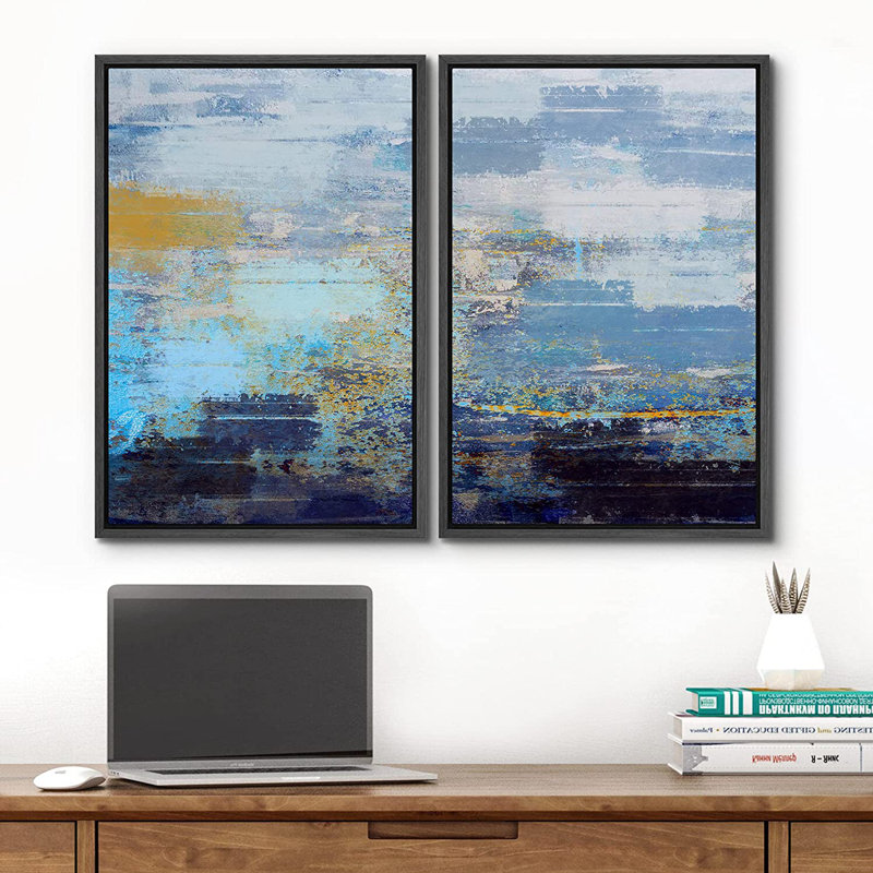«Grunge Abstract Paint Effect Pastel Watercolor Blue Stroke Landscape», reproduction d'art sur toile 2 pièces