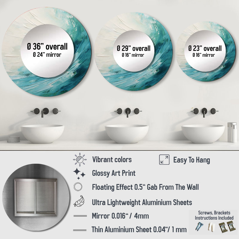 Teal Twist Tranquility Spiral - grand miroir mural spirales abstraites, miroir rond bleu unique, impression sur métal