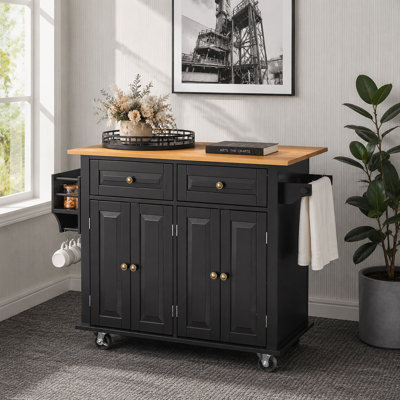 Black Solid Wood Kitchen Island, Drop Leaf Double Drawer Four Cabinet With Wheels Towel Rack
