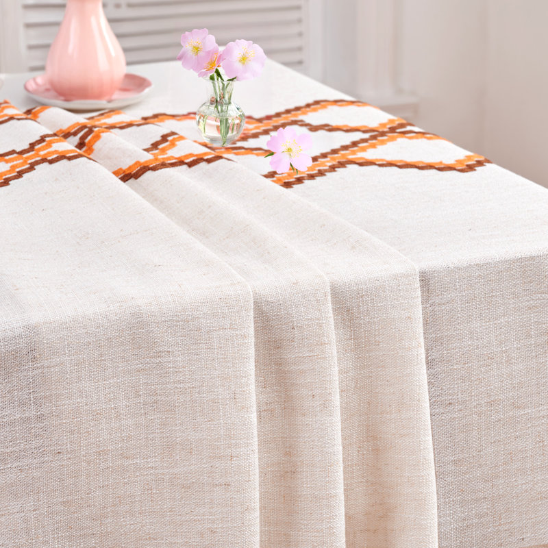 Linen-Like Diamond Checkered Embroidery Tablecloth with Fringe, 86" Rectangle, Orange