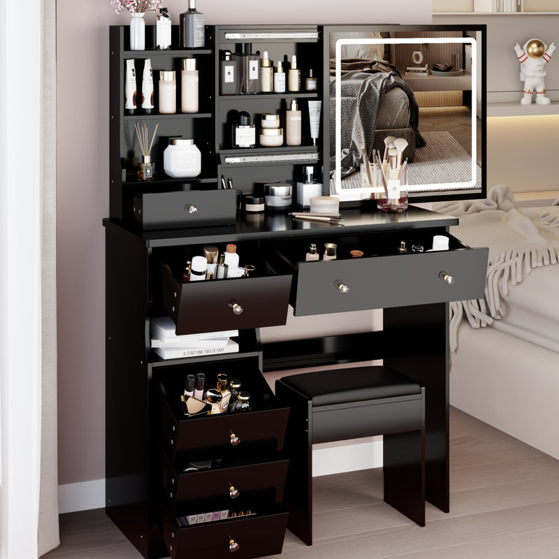 37 - Inch Middle Sized Vanity Table With Left Drawer, Cushioned Stool, Touch Operated Tri Color Brightness Adjustable Mirror And Ample Storage For Big Spaces Drawer Desktop Large Sliding Controlled