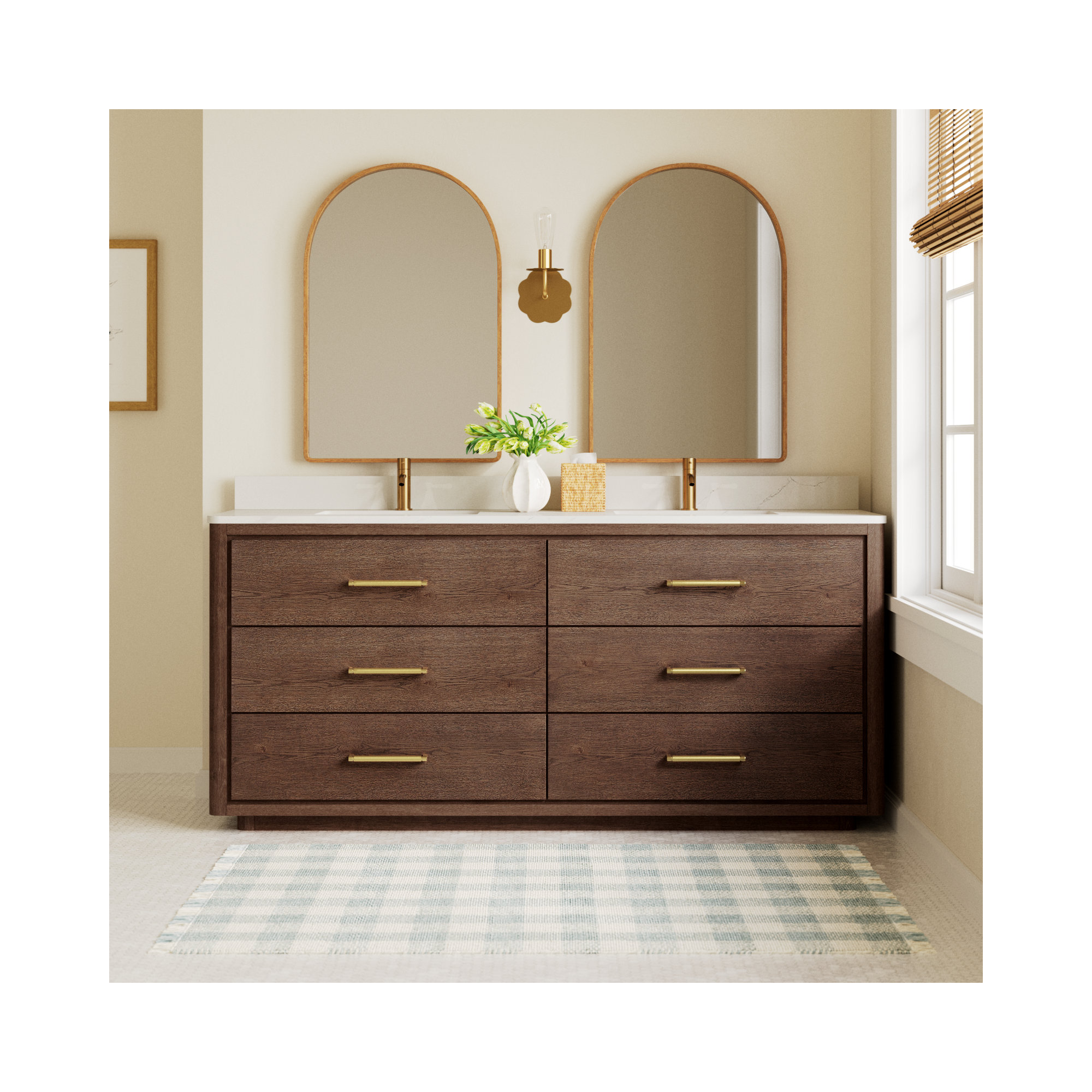 Porto 72'' Double Bathroom Vanity, Dark Brown Oak, Gold