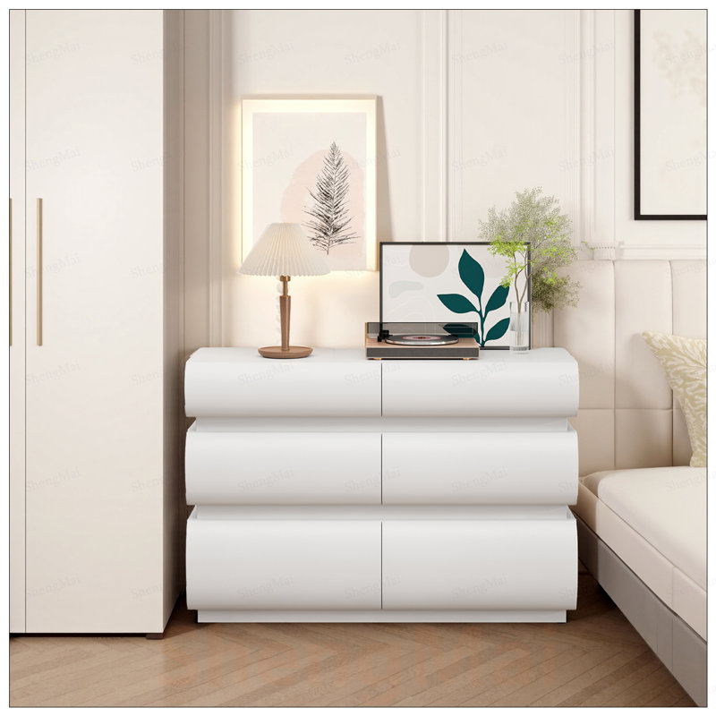 Commode 6 tiroirs pour chambre à coucher, commode moderne sans poignée avec rangement spacieux et design durable