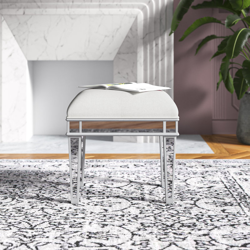 Bardwell Mirrored Upholstered Vanity Stool, Silver