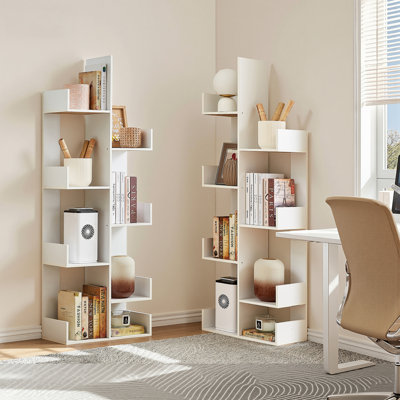 2 Pack Tree Bookshelf, 7 Tier Floor Standing Tree Bookcase With Geometric Shelves, Modern Space-Saving Decorative Display Storage Organizer For Books, Movies, Cds, Office, Living Room, Bedroom, White