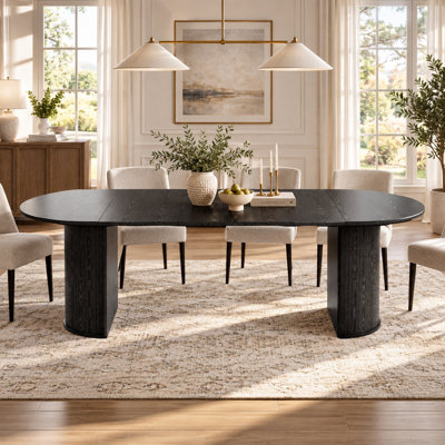 45" to 105" Extendable Round to Oval Dining Table for 4–8 People, Modern Farmhouse Kitchen Table with Double Pedestal Base