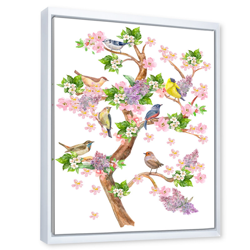 Arbre avec des oiseaux colorés sur des branches en fleurs - Impression sur toile, H 32 po x l 16 po x P 1 po, Cadre blanc