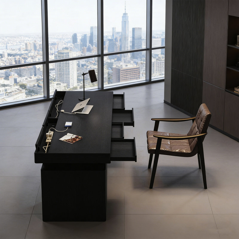 Bureau à hauteur réglable avec tiroirs et armoire de rangement à hauteur réglable Light Luxury, Black Oak, Retour à gauche