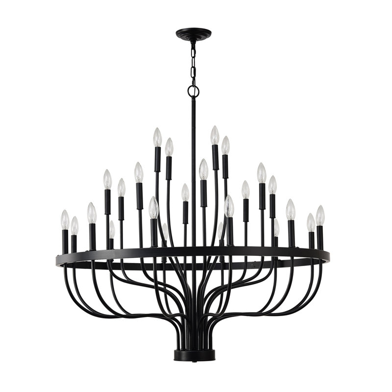 Lustre 24 lumières en fer noir mat avec détails en bois