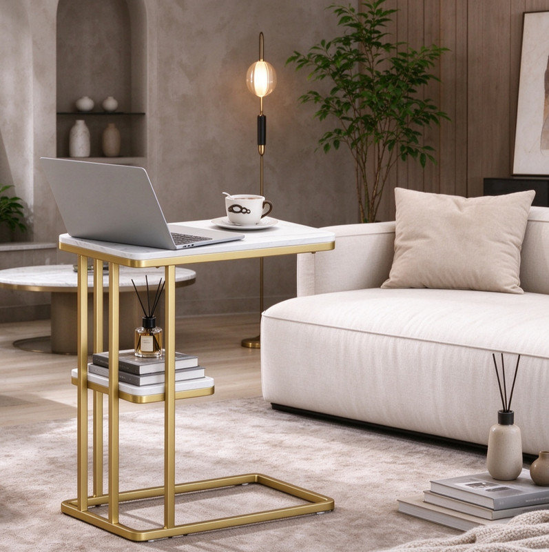 2-Tier C Shaped Nightstand, White Marble Grain Accent Table, Light Luxury Sofa Side Table for Bedroom Living Room