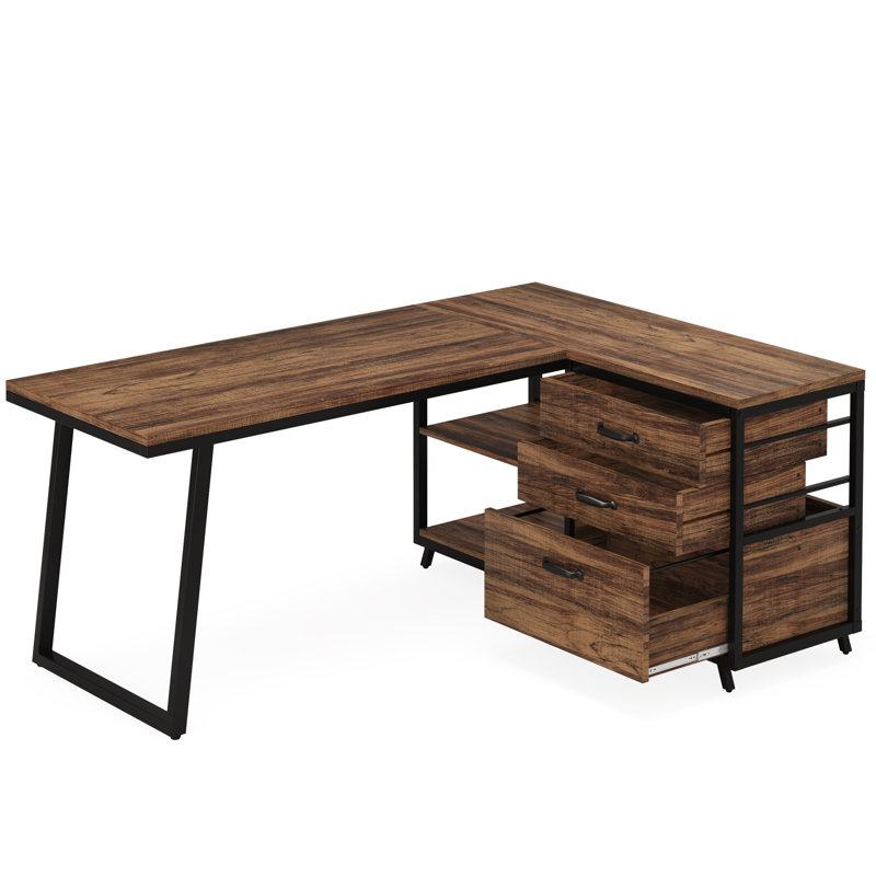 L-Shaped Dark Walnut Desk – Black Metal Base With Drawers For Home & Professional Office Setups
