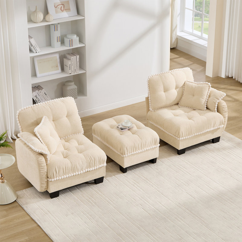 Canapé en L Chenille avec 4 coussins en forme de L, repose-pieds mobile et garniture capitonnée matelassée à conception ergonomique, canapé à assise profonde facile à assembler pour le bureau du salon, appartement, beige crème