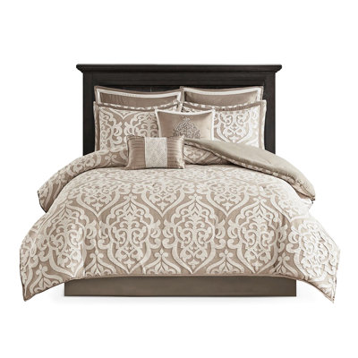 King Comforter In Tan/. Beautiful Pattern. Material. . Embroidered Decorative Pillows. Year-Round Bedding. Machine Washable. Bedroom Luxury 8 Piece For Bed. Classic . Fill. 2 Euro Shams, Pillows, 1