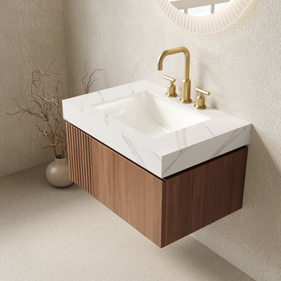 30" Floating Wall-Mounted Bathroom Vanity (4 Finishes) – Pre-Assembled Plywood Cabinet With Carrara White Sintered Stone Top & Undermount Ceramic Sink