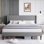 Très grande base de lit tapissier avec tête de lit, support en lattes de bois, pieds robustes en métal, aucun sommier tapissier requis, lit plateforme moderne, beige