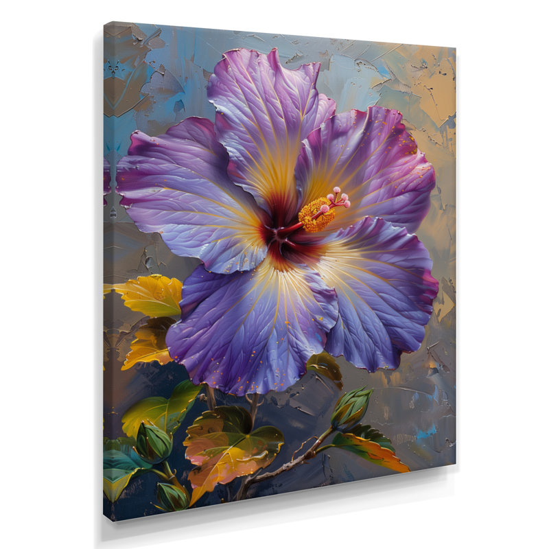 Hibiscus mauve, jaune et violet, Toile tendue, H 20 po x l 12 po x P 1 po