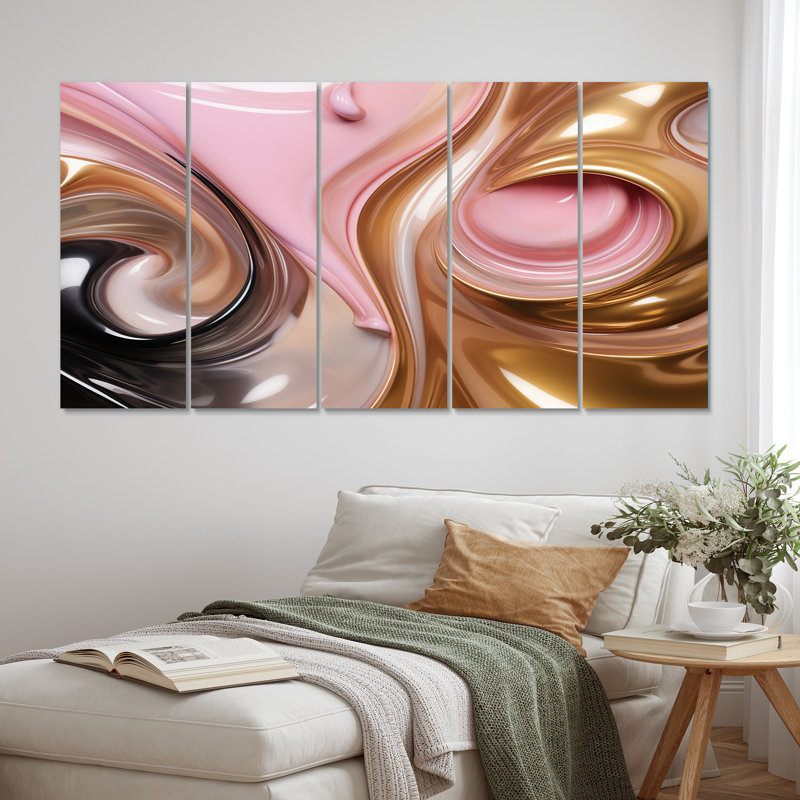 «Whimsical Lquid Pink and Gold Glam Art I», reproduction d'art abstrait de formes abstraites - 5 panneaux égaux