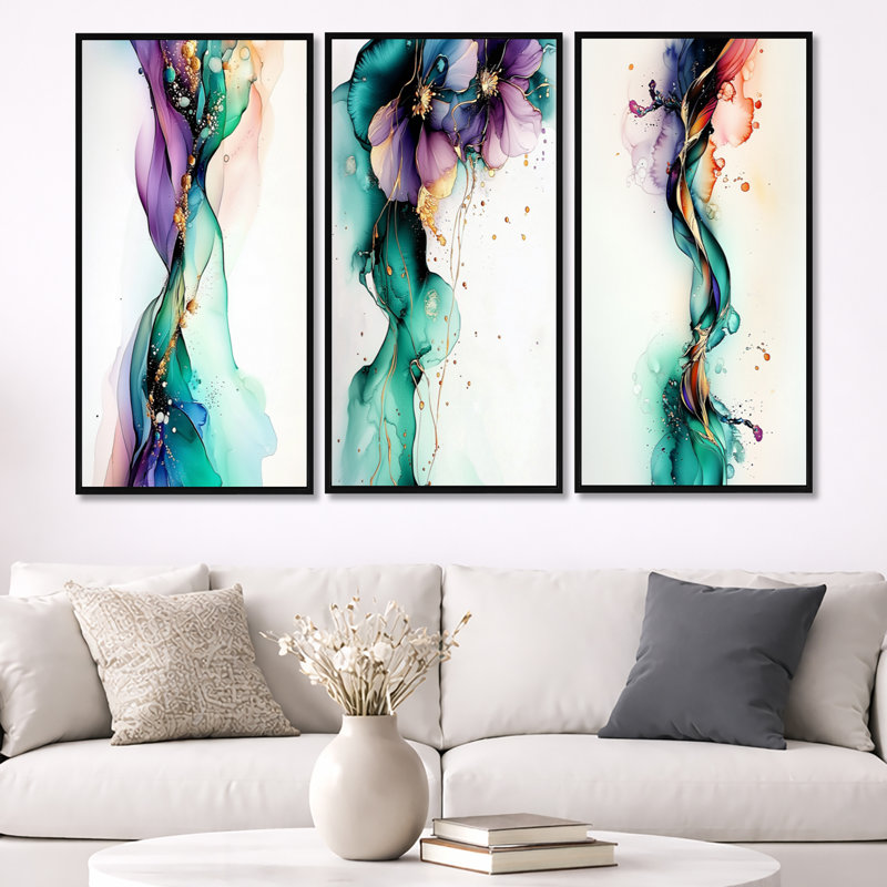 «Ethereal Violet», art mural abstrait 3 pièces, H 40 po x l 60 po, Cadre flottant noir
