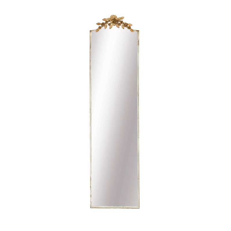 Grand miroir rectangulaire 18,1 x 1,6 x 70,9 po avec cadre ivoire délavé et couronne florale dorée