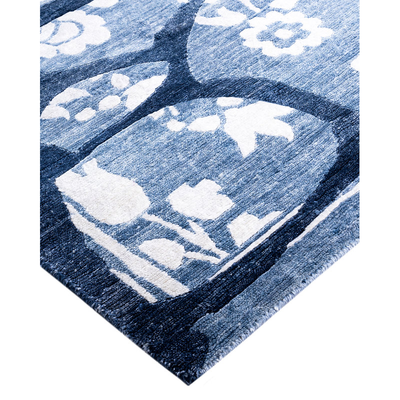 Blue Hand-Knotted Silk Rectangular Area Rug, 9' 1" x 12' 3"