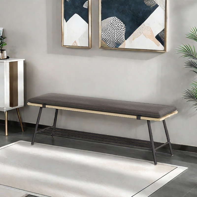 59.1in Wrought Iron Frame Shoe Storage Bench, Black/Natural Wood