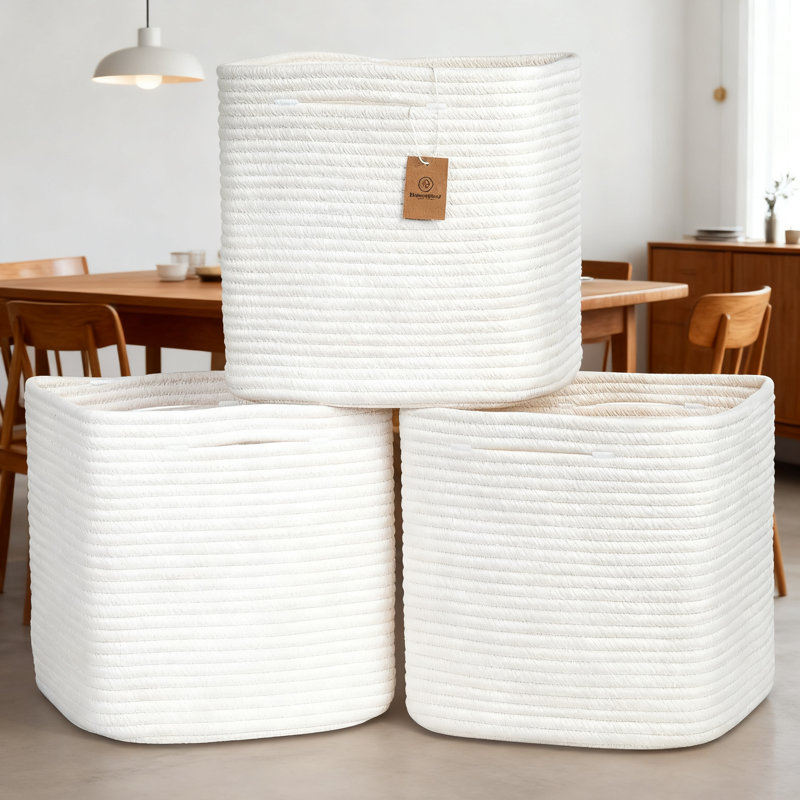 Ensemble de 3 paniers de rangement en corde de coton tissé | Bacs de rangement 13 pouces avec poignées renforcées | Cubes de rangement en tissu pour tablettes, rangement de jouets et garde-robe
