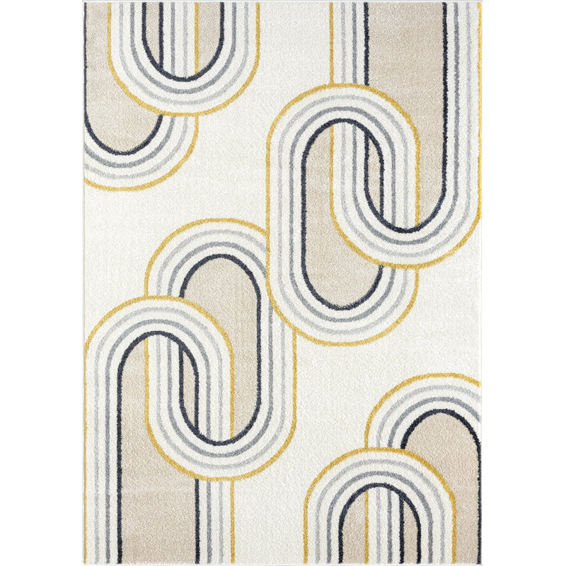 Tapis rectangulaire en polypropylène tissé à la machine à motif géométrique crème, Rectangle 6 pi x 9 pi