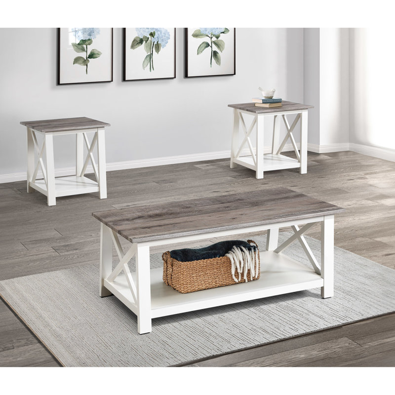 Table basse polyvalente 3 tables de bout rectangulaires carrées et brun-blanc pour un décor de salon contemporain