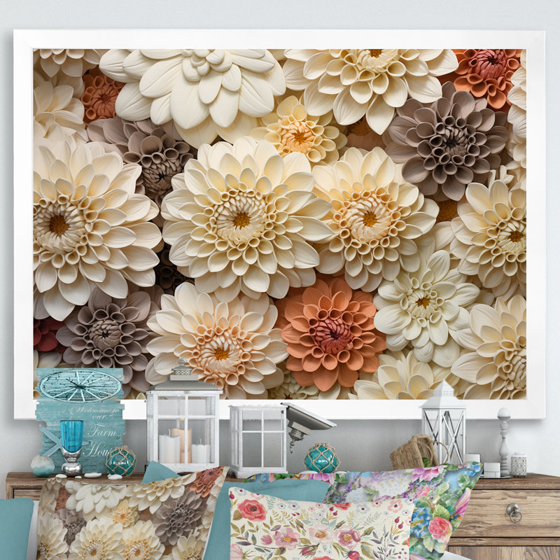 Minimalisme, fleurs de zinnias beiges sur toile, H 30 po x l 40 po x P 1,5 po, Cadre simple blanc