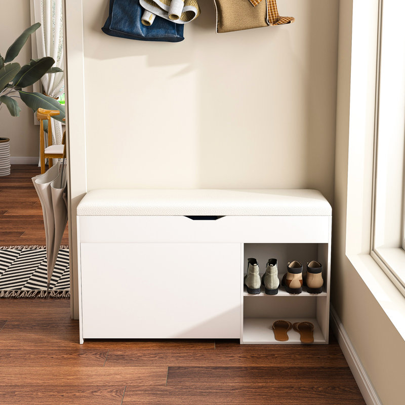 Banc de vestibule moderne avec rangement pour chaussures, conception à trois rangements, 3 tiroirs rabattables réglables, armoire dissimulée, espace de rangement, support rotatif relevable, qualité de fabrication, coussin moelleux pour le couloir et